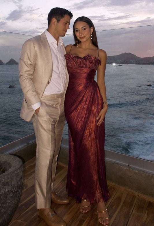 Robe de soirée longue en satin bordeaux à bretelles spaghetti, style sirène, DP4700