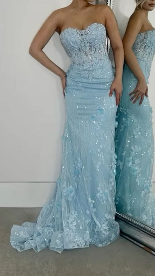 Light Blue Sweetheart Mermaid Appliques Long Formal Prom Dress, DP4701