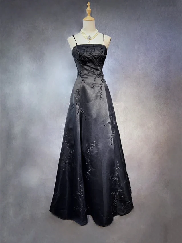 Black Spaghetti Straps A-Line Beading Satin Vintage Long Formal Party Dress, DP4707