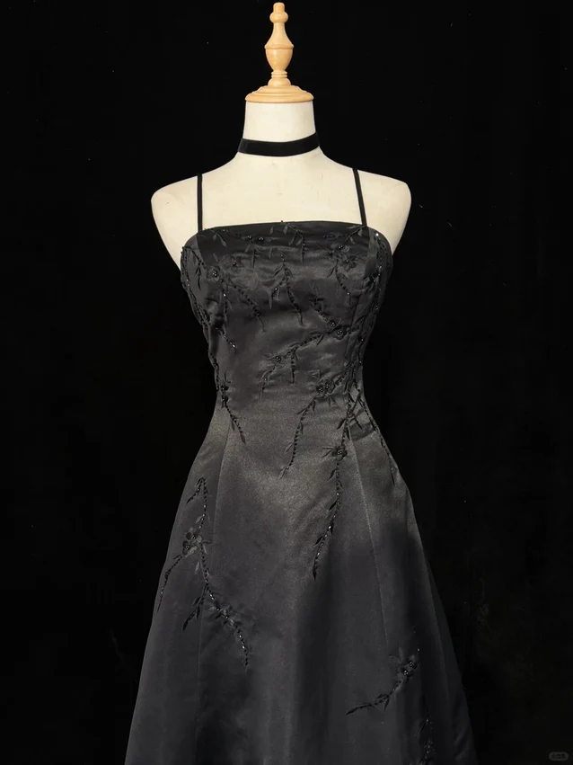 Black Spaghetti Straps A-Line Beading Satin Vintage Long Formal Party Dress, DP4707