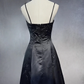 Black Spaghetti Straps A-Line Beading Satin Vintage Long Formal Party Dress, DP4707