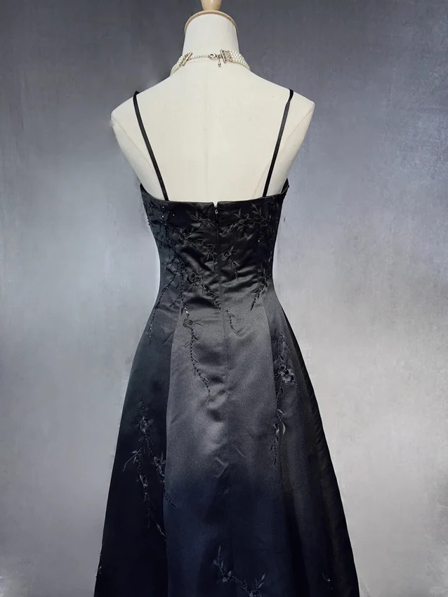 Black Spaghetti Straps A-Line Beading Satin Vintage Long Formal Party Dress, DP4707