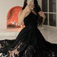 Robe de soirée élégante noire à bretelles licou, coupe trapèze, longueur mi-longue, DP4709