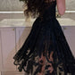 Robe de soirée élégante noire à bretelles licou, coupe trapèze, longueur mi-longue, DP4709