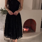 Robe de soirée élégante noire à bretelles licou, coupe trapèze, longueur mi-longue, DP4709