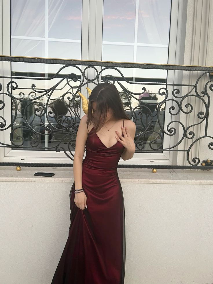 Burgundy Spaghetti Straps A-Line Simple Long Evening Party Dress Formal Dress, DP4714