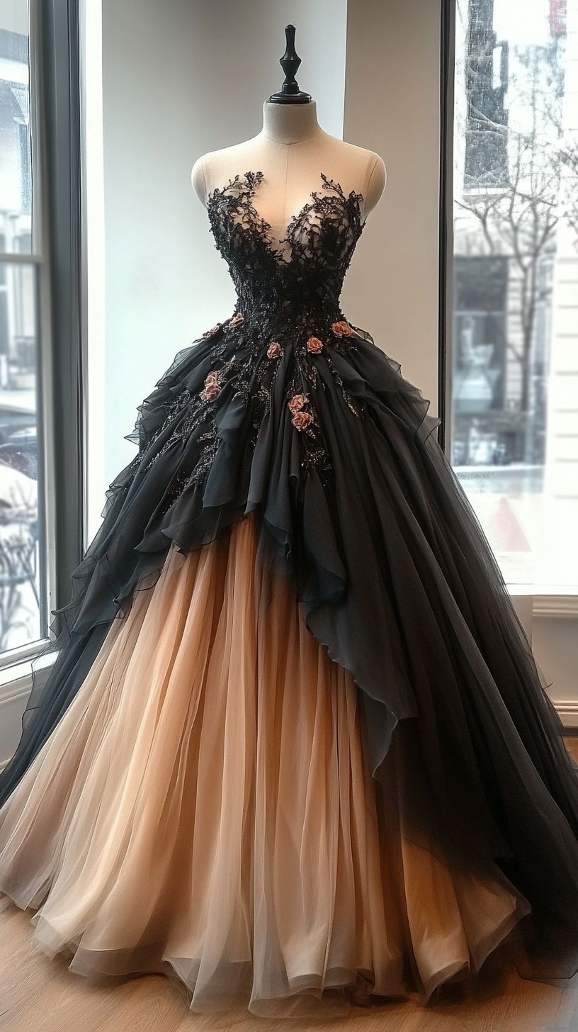 Retro Black Strapless A-Line Chiffon Appliques Long Prom Dress Evening Gown, DP4727