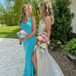 Elegant Blue V Neck Mermaid Long Party Dress Simple Wedding Guest Dress, DP4742