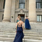 Navy Blue Straps Sheath Satin Split Long Party Dress Wedding Guest Dress, DP4747