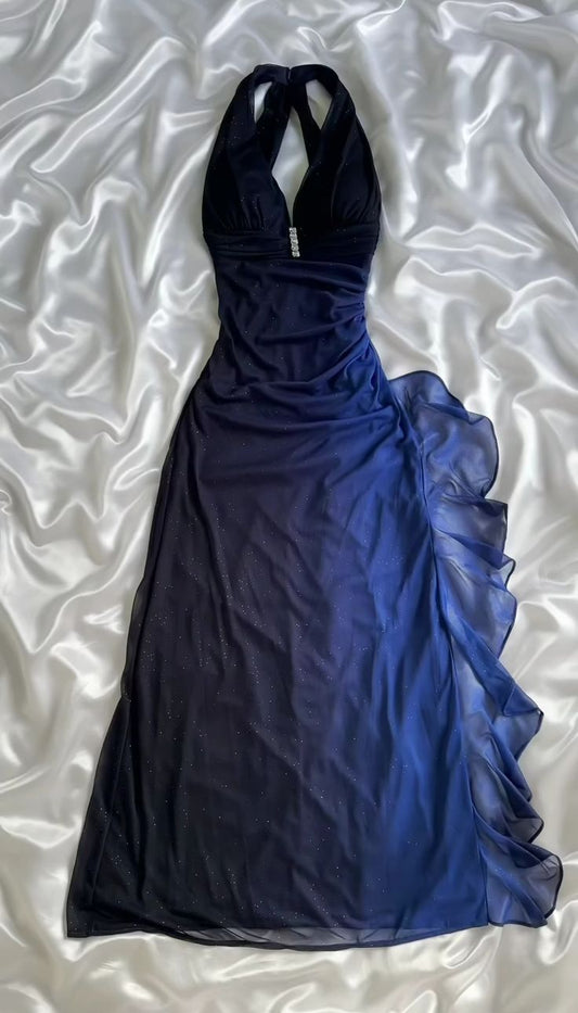 Dark Blue V Neck Sheath Chiffon Long Party Dress Vintage Evening Dress, DP4758