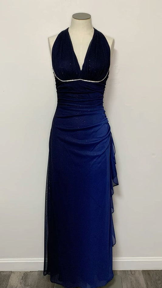 Dark Blue Halter Sheath Chiffon Long Party Dress Vintage Evening Dress, DP4759