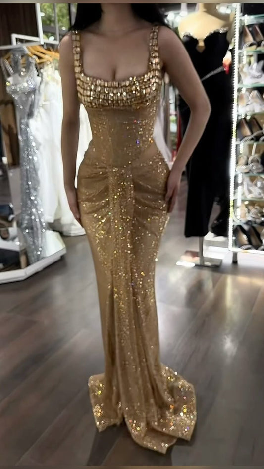 Stunning Gold Straps Mermaid Long Evening Dress Shiny Party Dress, DP4760