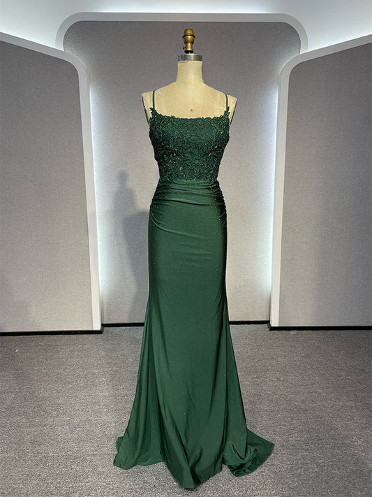 Dark Green Straps Appliques Mermaid Long Formal Prom Dress Party Dress, DP4763