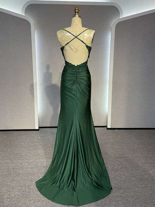 Dark Green Straps Appliques Mermaid Long Formal Prom Dress Party Dress, DP4763