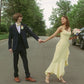 Light Yellow Spaghetti Straps Sheath Satin Ruffles Long Party Dress, DP4768