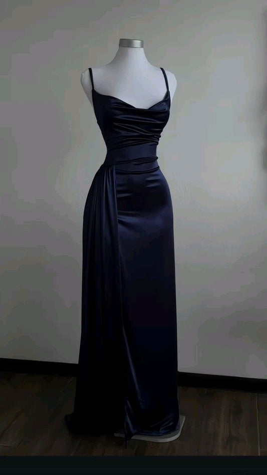 Robe de soirée longue en satin bleu à bretelles spaghetti, robe fourreau simple, DP4777