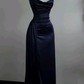 Robe de soirée longue en satin bleu à bretelles spaghetti, robe fourreau simple, DP4777