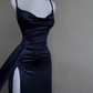 Robe de soirée longue en satin bleu à bretelles spaghetti, robe fourreau simple, DP4777