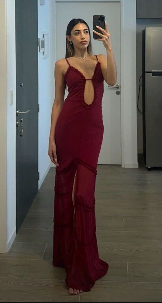 Robe de soirée longue et sexy bordeaux à bretelles spaghetti, DP4779