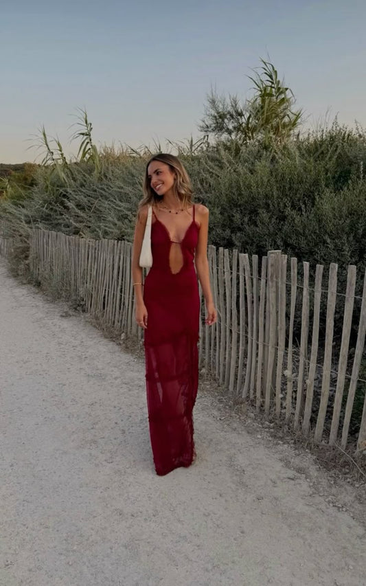 Robe de soirée longue et sexy bordeaux à bretelles spaghetti, DP4779