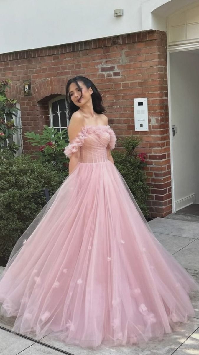 Elegant Pink Off Sjoulder A-Line Tulle Long Formal Prom Dress Birthday Outfits, DP4785