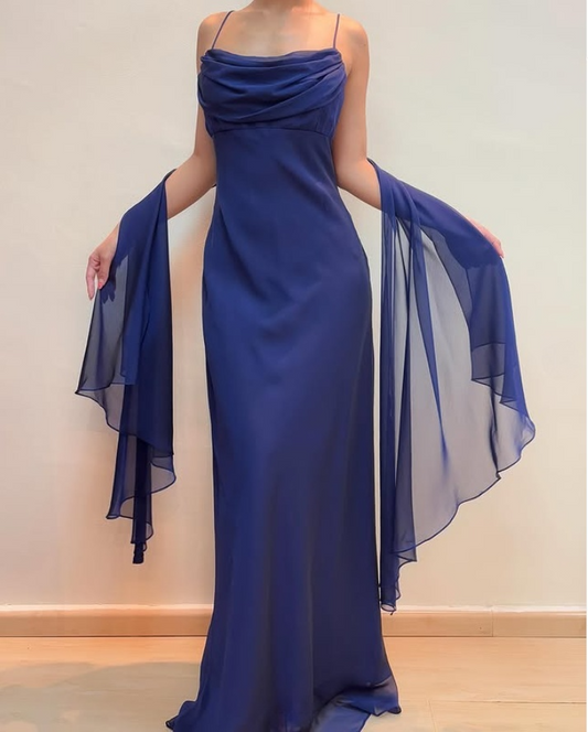 Navy Blue Spaghetti Straps Sheath Long Prom Dress Vintage Party Dress, DP4789