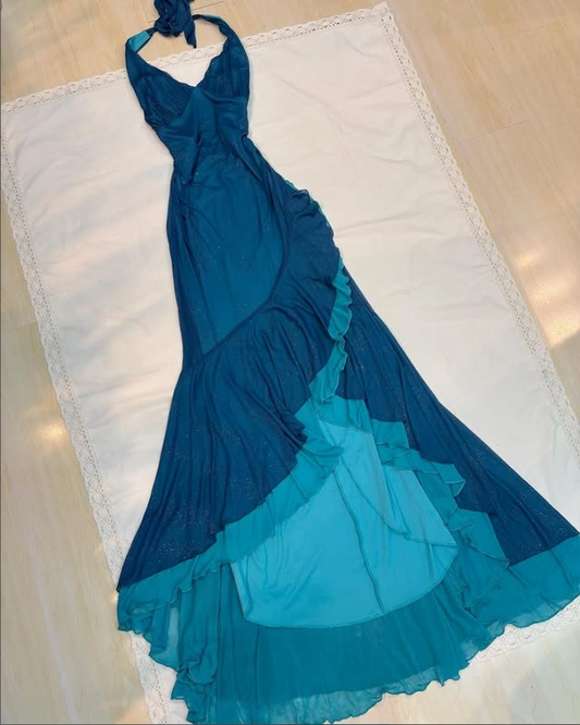 Blue V Neck Halter Mermaid Chiffon Long Prom Dress Vintage Party Dress, DP4790