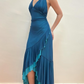 Blue V Neck Halter Mermaid Chiffon Long Prom Dress Vintage Party Dress, DP4790
