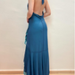 Blue V Neck Halter Mermaid Chiffon Long Prom Dress Vintage Party Dress, DP4790