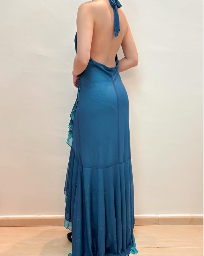 Blue V Neck Halter Mermaid Chiffon Long Prom Dress Vintage Party Dress, DP4790