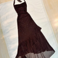 Vintage Braun Neckholder Etui Chiffon Langes Ballkleid Partykleid DP4791