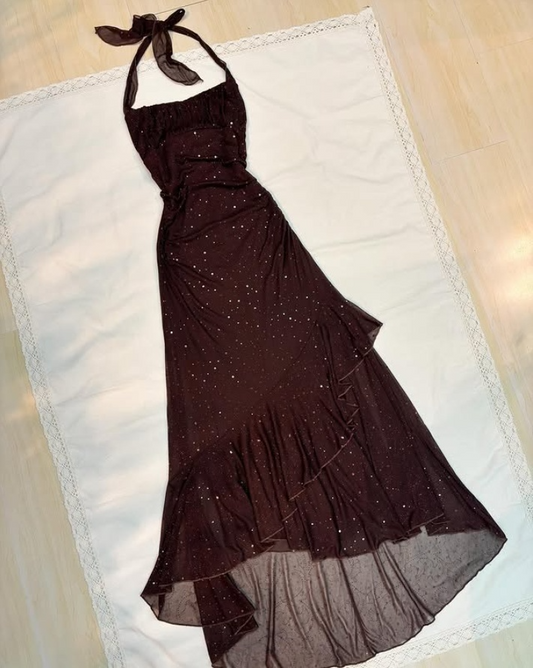 Brown Halter Neck Sheath Chiffon Long Prom Dress Vintage Party Dress, DP4791