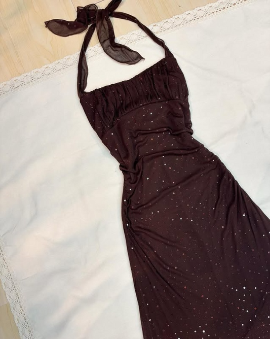 Brown Halter Neck Sheath Chiffon Long Prom Dress Vintage Party Dress, DP4791