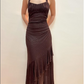 Brown Halter Neck Sheath Chiffon Long Prom Dress Vintage Party Dress, DP4791