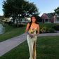Light Yellow V Neck Straps Sheath Satin Long Party Dress Simple Prom Dress, DP4798