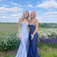 Elegant Blue V Neck Straps Mermaid Satin Long Formal Prom Dress, DP4799