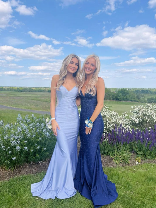 Elegant Blue V Neck Straps Mermaid Satin Long Formal Prom Dress, DP4799