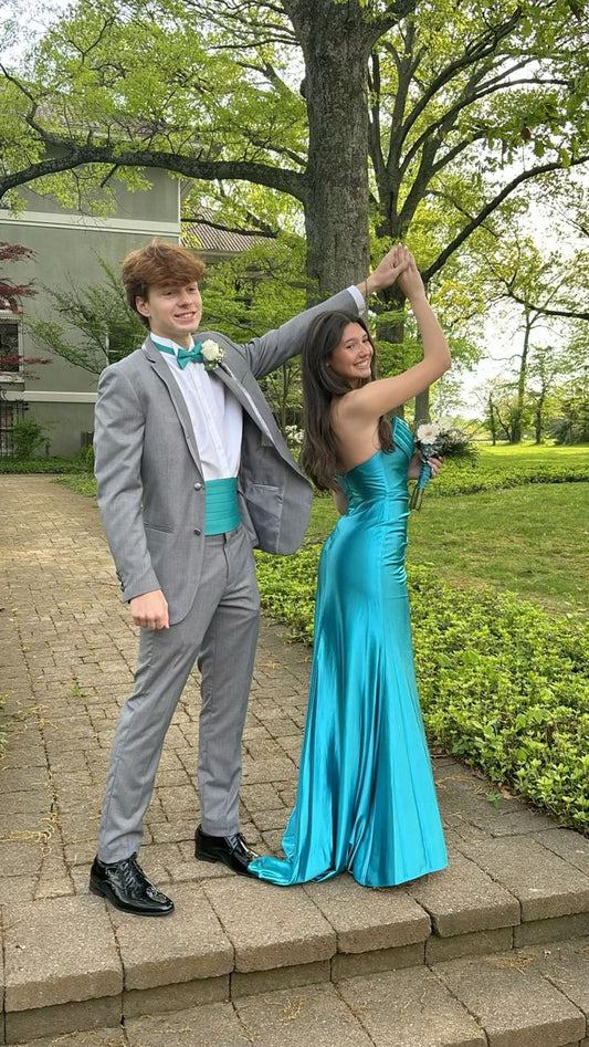 Turquoise Scoop Neck Sheath Satin Long Formal Prom Dress Party Dress, DP4804
