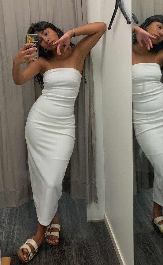 Cute White Strapless Sheath Ankle Length Party Dress Night Out Dress, DP4808
