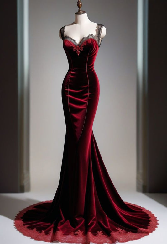 Sexy Burgunder Samt Spitze Meerjungfrau Langes Ballkleid Formales Abendkleid, DP4813