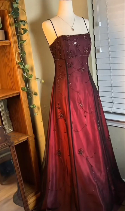 Burgundy Straps A-Line Beadng Long Prom Dress Vintage Party Dress, DP4814