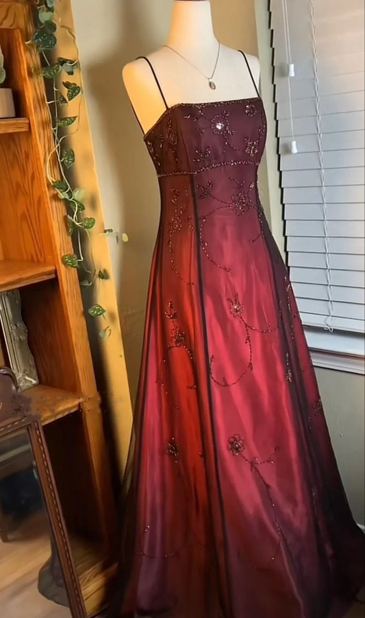 Burgundy Straps A-Line Beadng Long Prom Dress Vintage Party Dress, DP4814