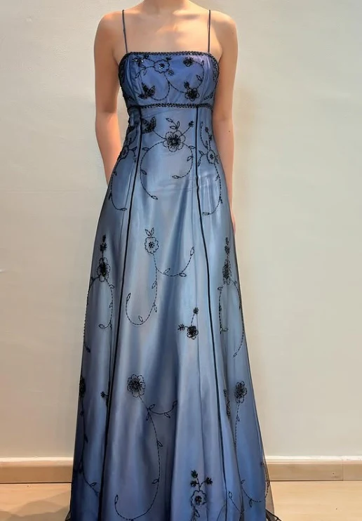 Blue Straps A-Line Beadng Long Prom Dress Vintage Party Dress, DP4815