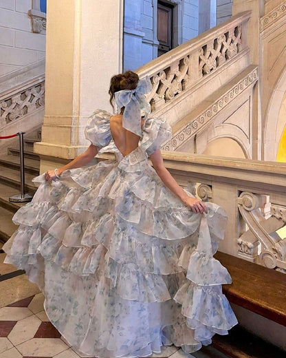 Light Blue A-Line Chiffon Tiered Long Party Dress Princess Birthday Dress, DP4830