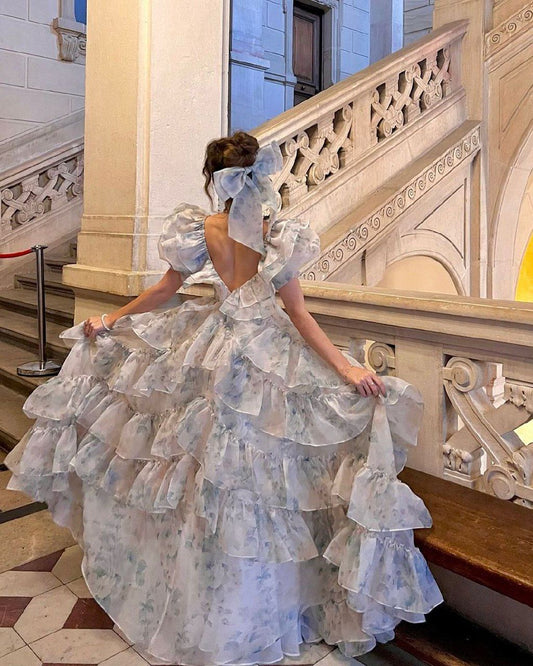 Light Blue A-Line Chiffon Tiered Long Party Dress Princess Birthday Dress, DP4830