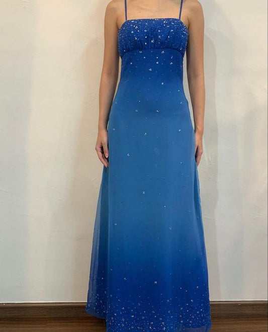 Navy Ombre Spaghetti Straps A-Line Beading Long Prom Dress Vintage Party Dress, DP4839