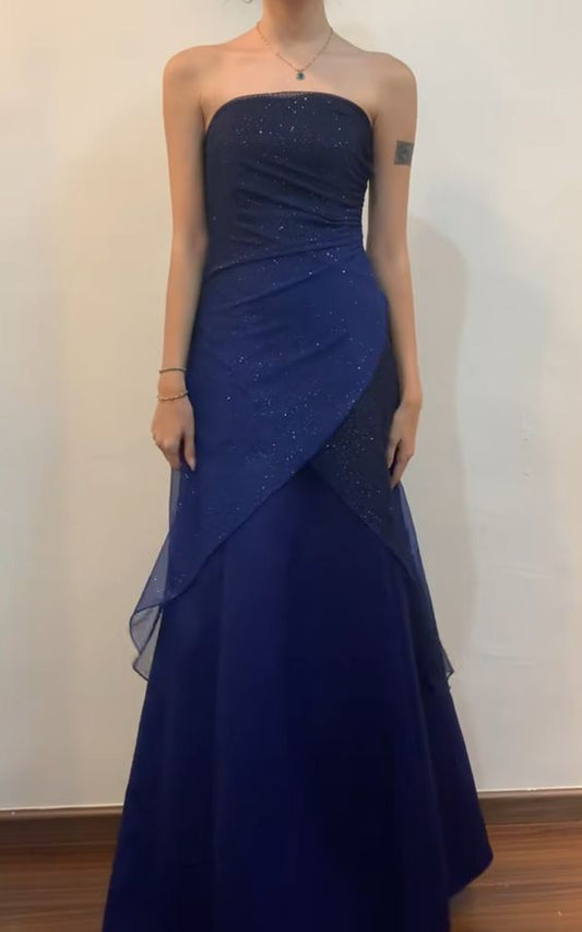 Dark Navy Strapless A-Line Chiffon Long Prom Dress Vintage Party Dress, DP4841