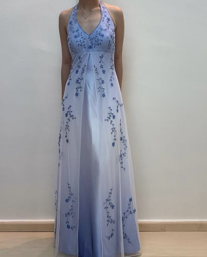 Robe de bal longue style vintage, coupe trapèze, col licou, perles, effet ombré, DP4843