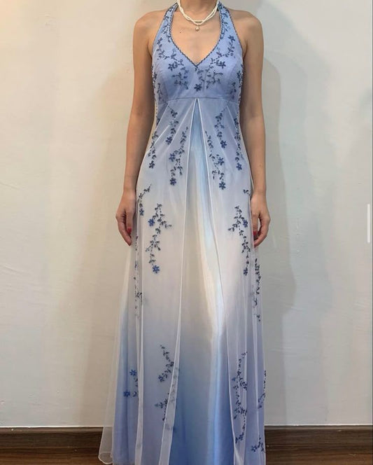 Ombre Halter Neck A-Line Beading Long Prom Dress Vintage Party Dress, DP4843