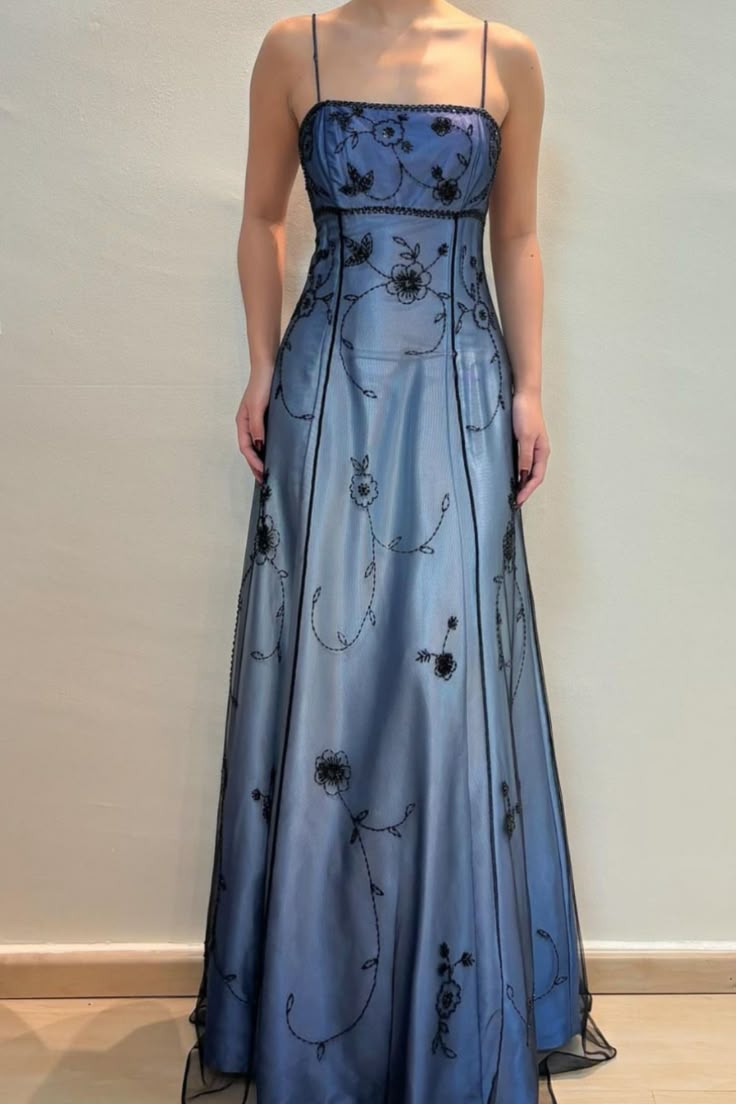 Robe de soirée longue en satin bleu ombré, coupe trapèze, perles, style vintage, DP4845
